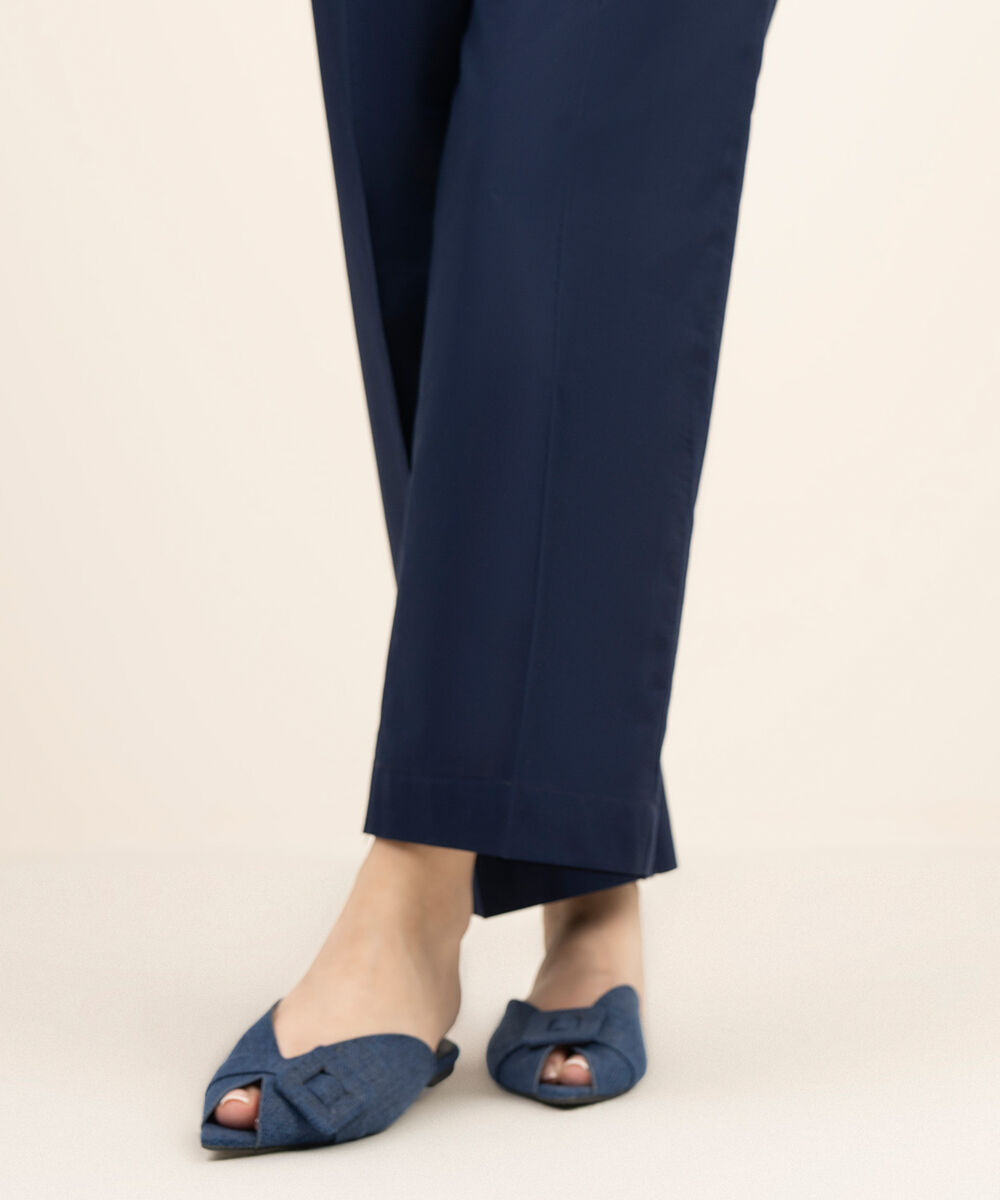 Women's RTW Cambric Solid Blue Straight Pants