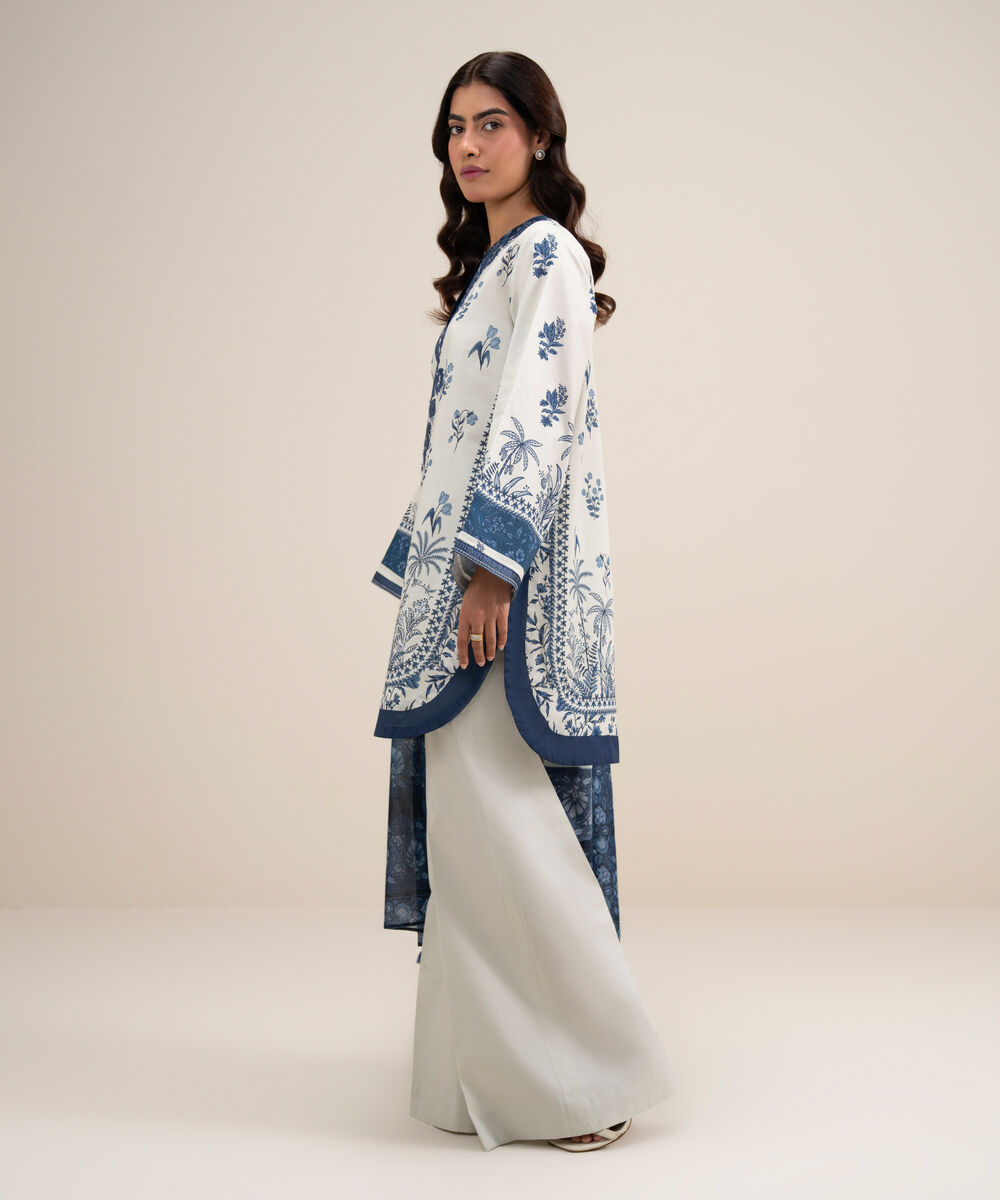 Women's Unstitched Lawn Embroidered Off White and Blue 3 Piece Suit