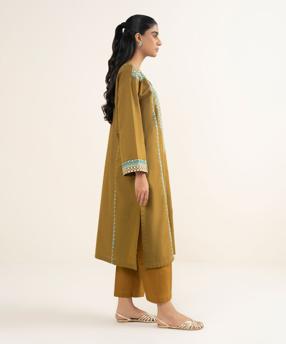 Women's RTW Fancy Textured Slub Embroidered Brown A-Line Shirt