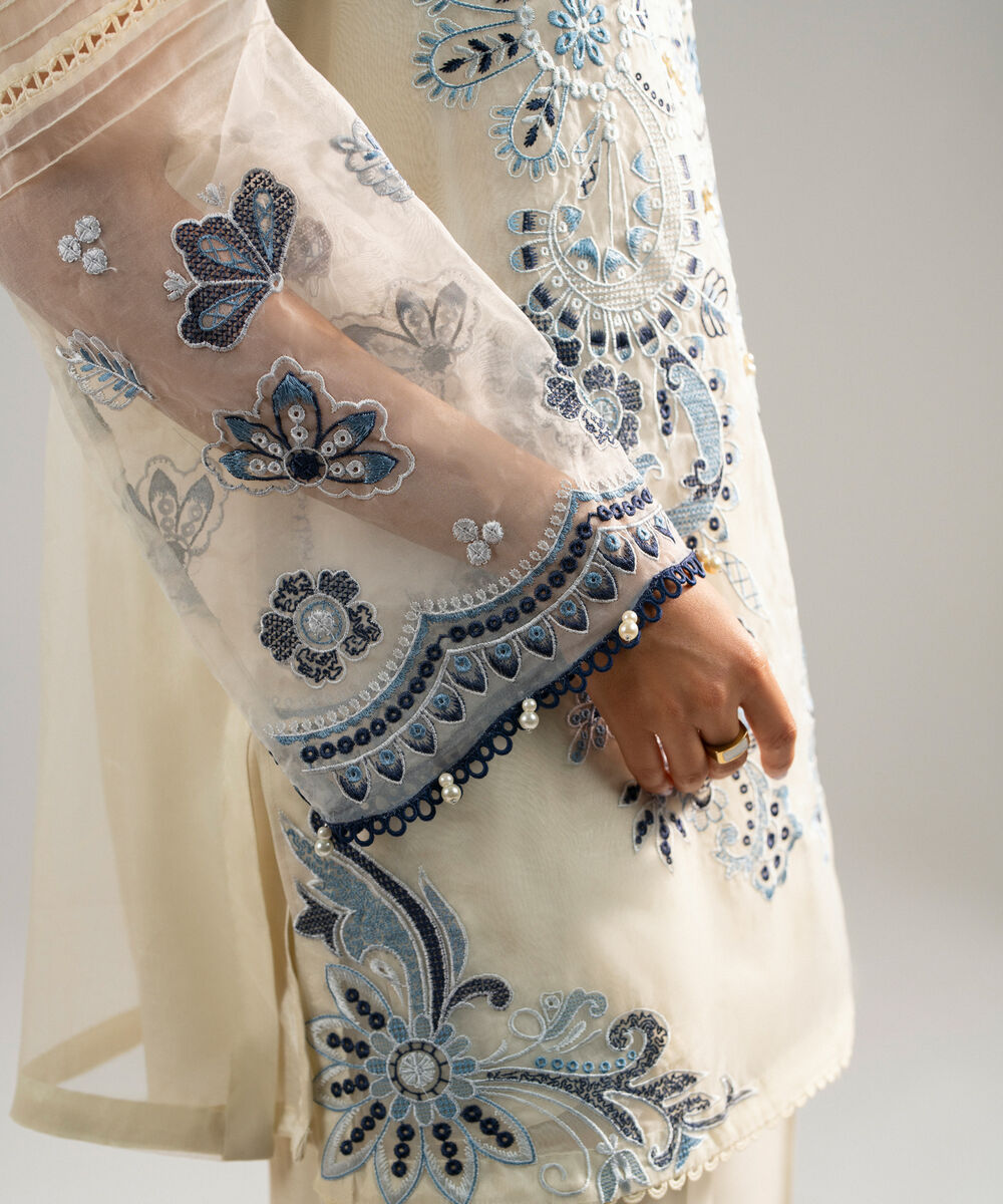 Women's RTW Organza Embroidered Off White 2 Piece Suit