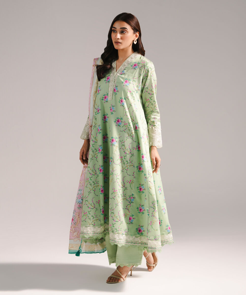 Women's RTW Cotton Satin Embroidered Mint Green 3 Piece Suit