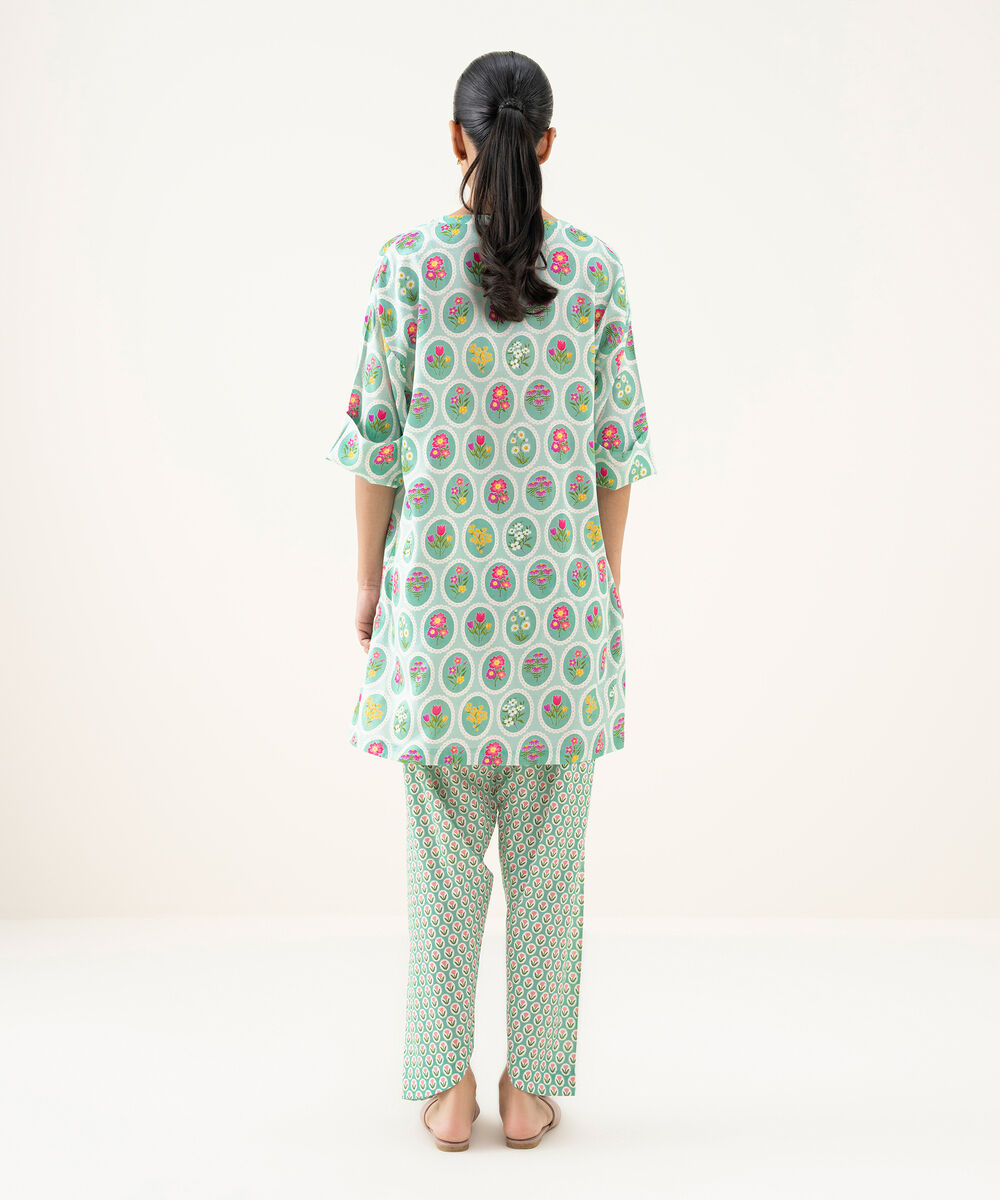 Women's RTW Linen Viscose Printed Turquoise Drop Shoulder Shirt