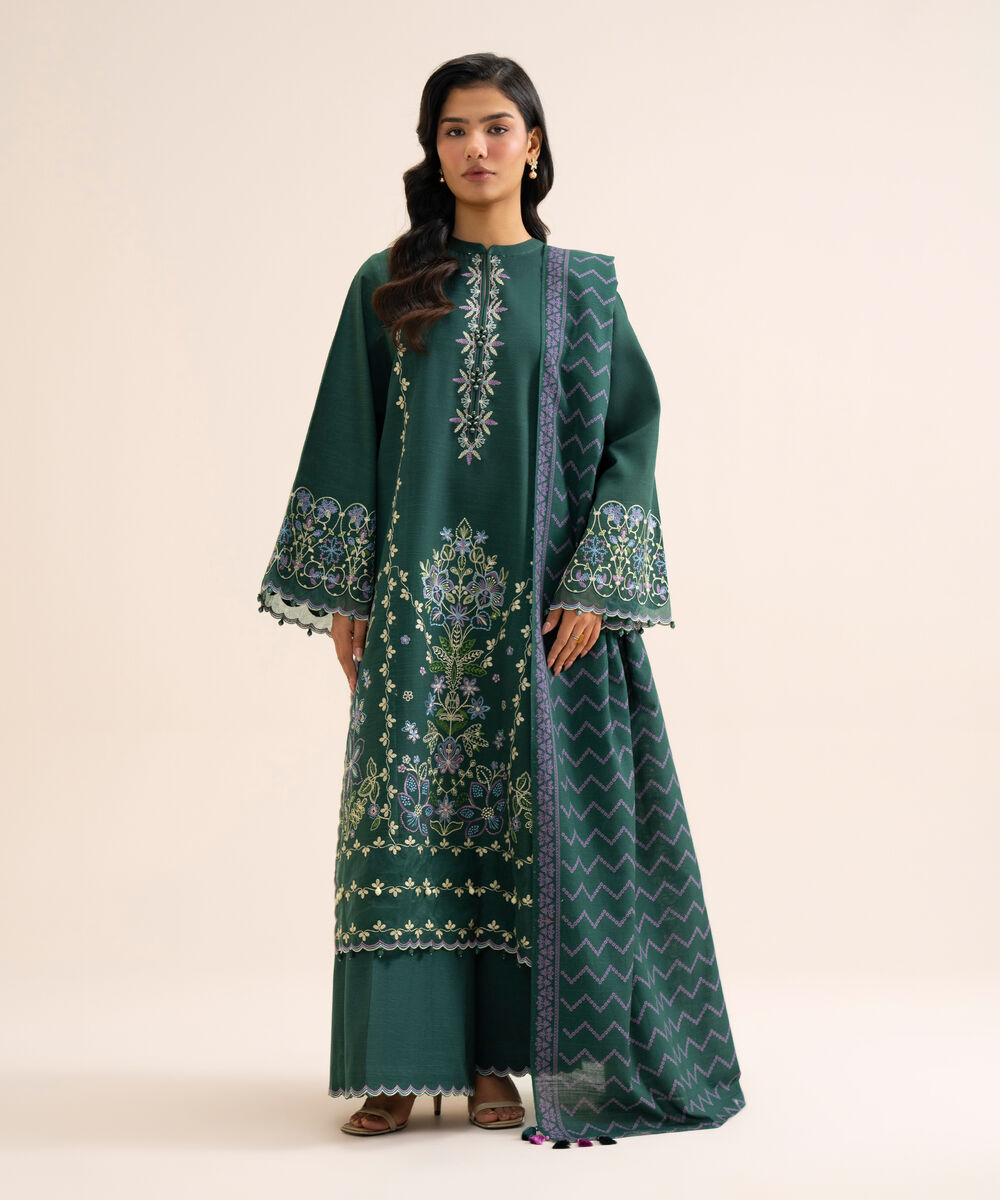 Women's Unstitched Light Khaddar Embroidered Green 3 Piece Suit
