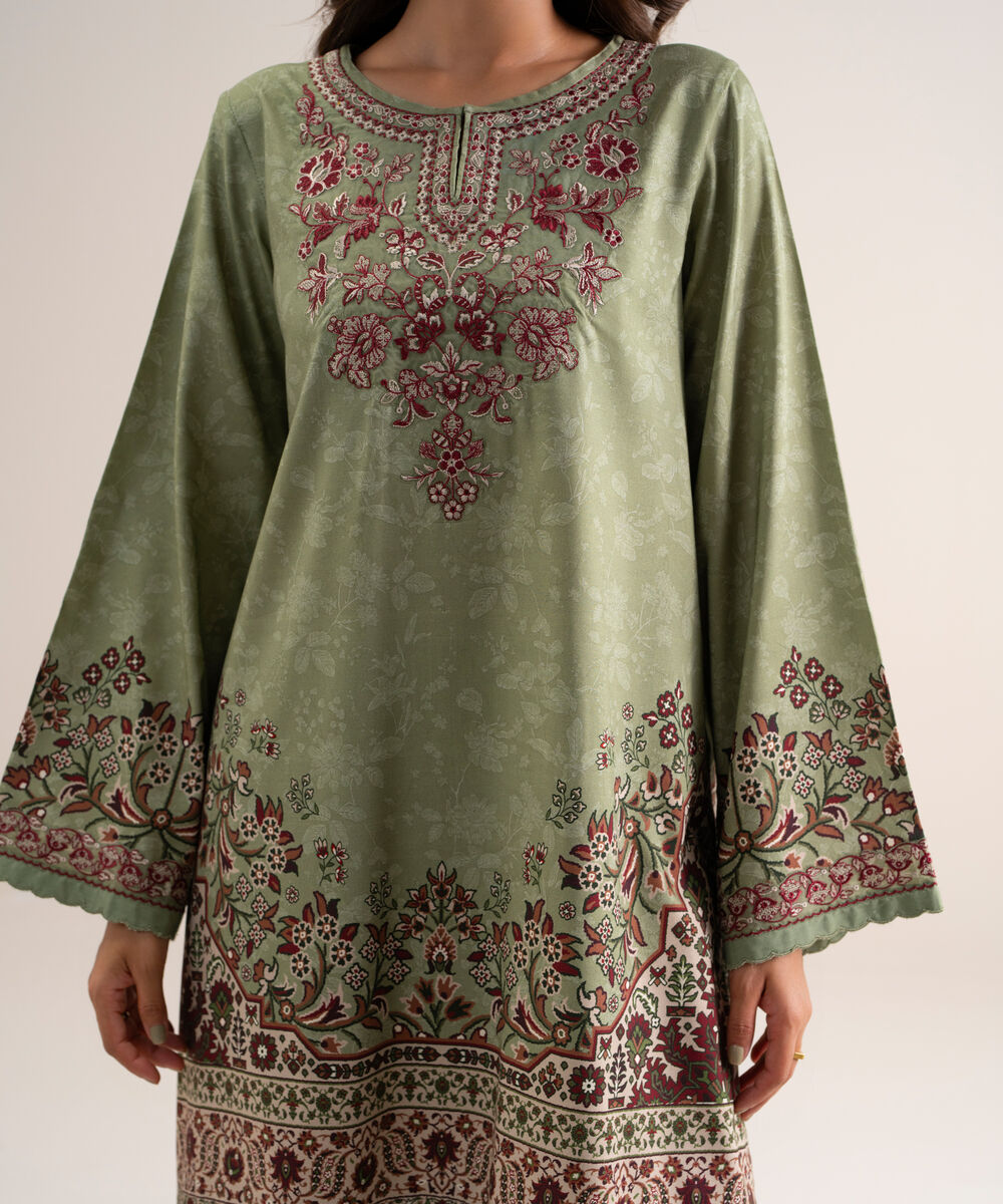 Women's Unstitched Printed Cotton Viscose Moss Green 3 Piece Suit