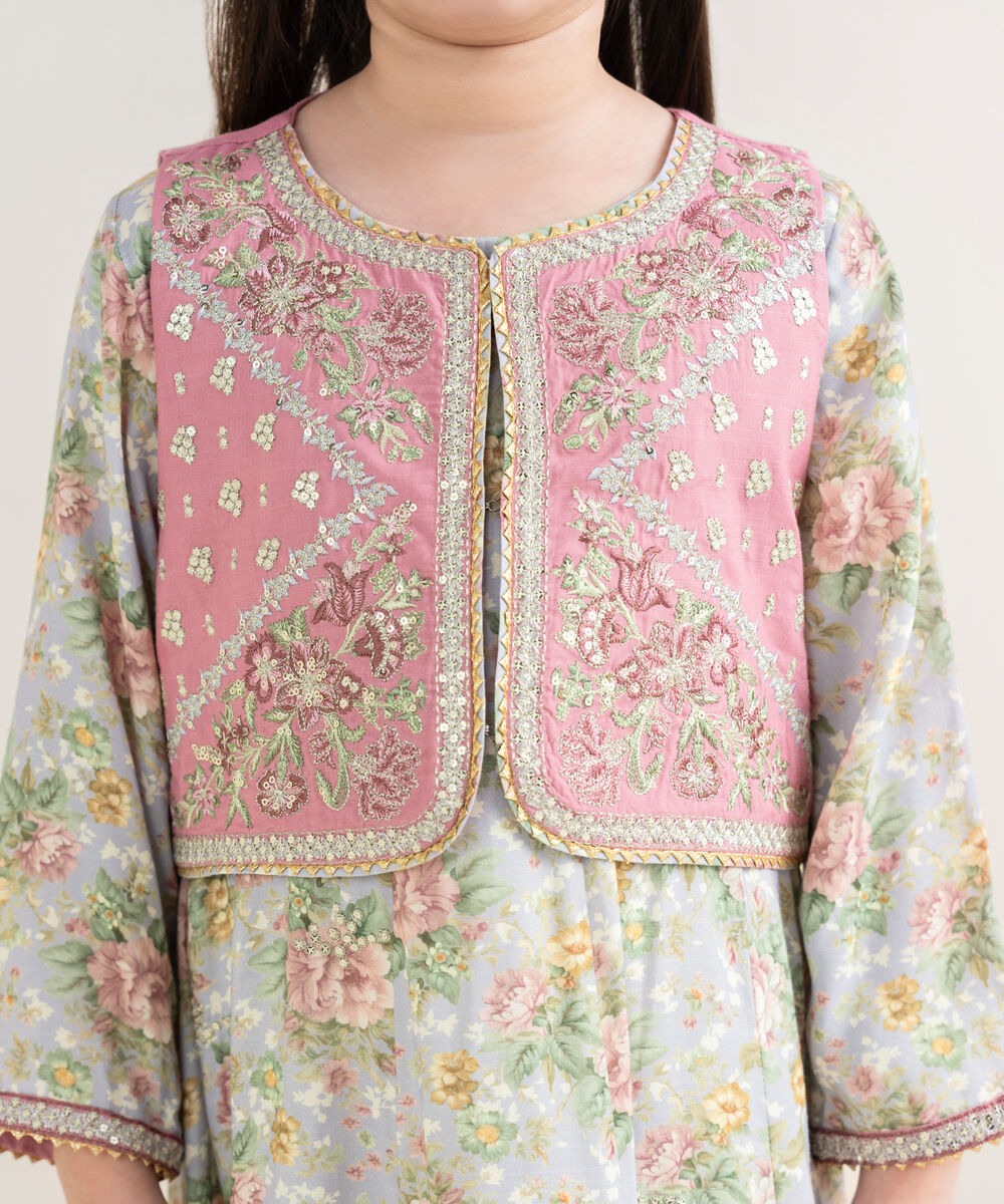 Girl's Viscose Raw Silk Multi Embroidered 2 Piece Suit