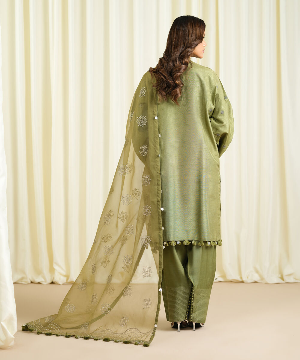 Women's Unstitched Raw Silk Embroidered Green 3 Piece Suit