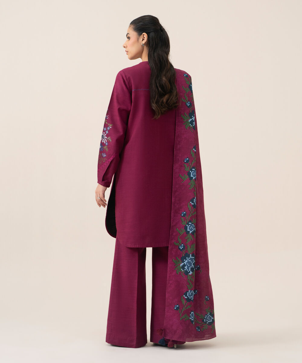 Women's Unstitched Premium Khaddar Embroidered Magenta 3 Piece Suit