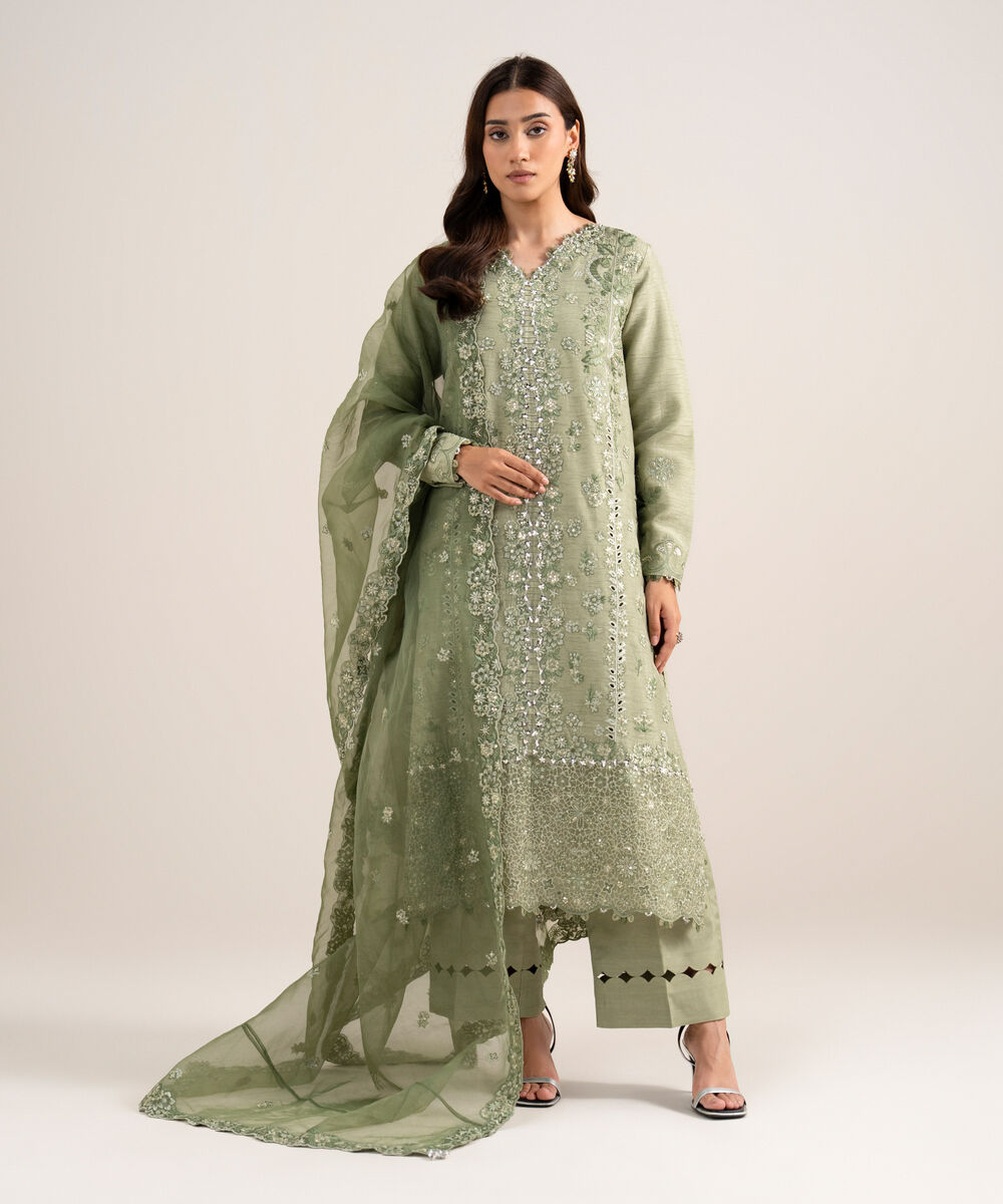 Women's Unstitched Embroidered Viscose Raw Silk Green 3 Piece Suit