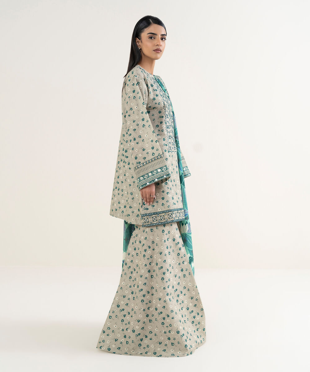 Women's Unstitched Embroidered Khaddar Beige 3 Piece Suit