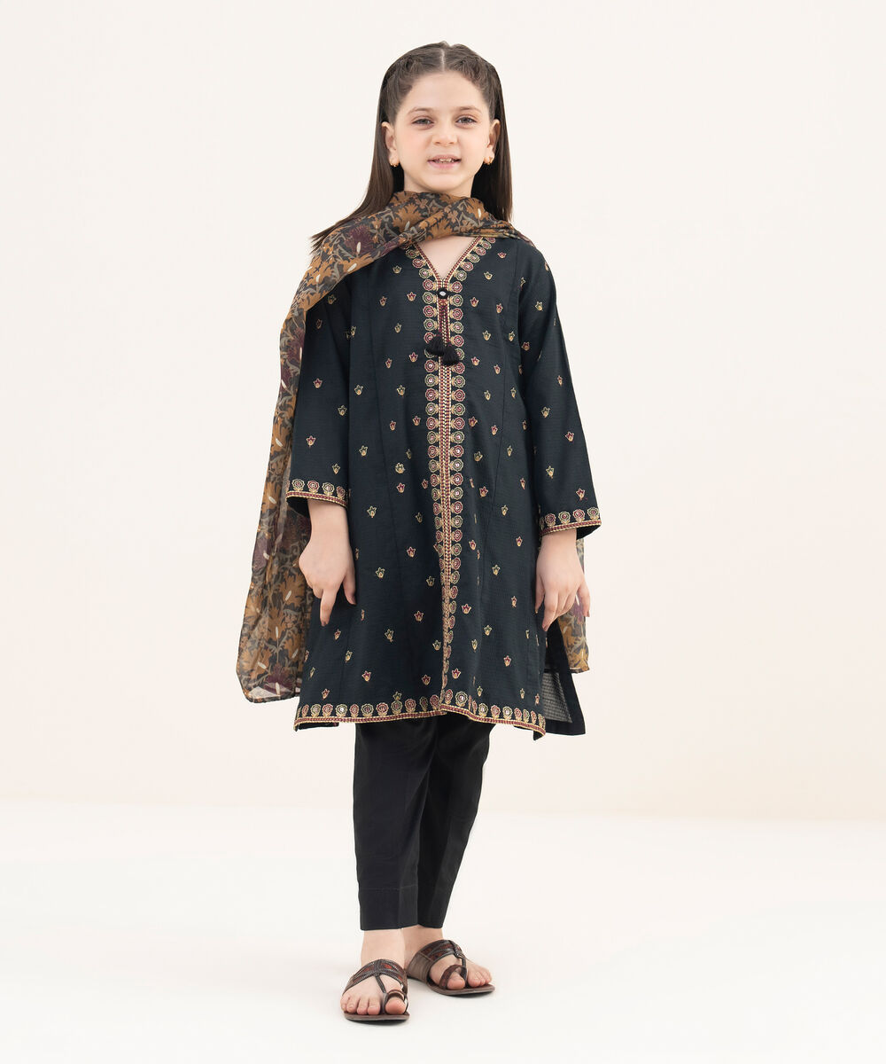 Girls Two Piece Embroidered Textured Lawn Shirt Dupatta