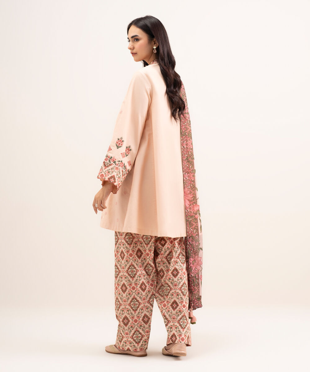 Women's Unstitched Textured Lawn Embroidered Pink 3 Piece Suit