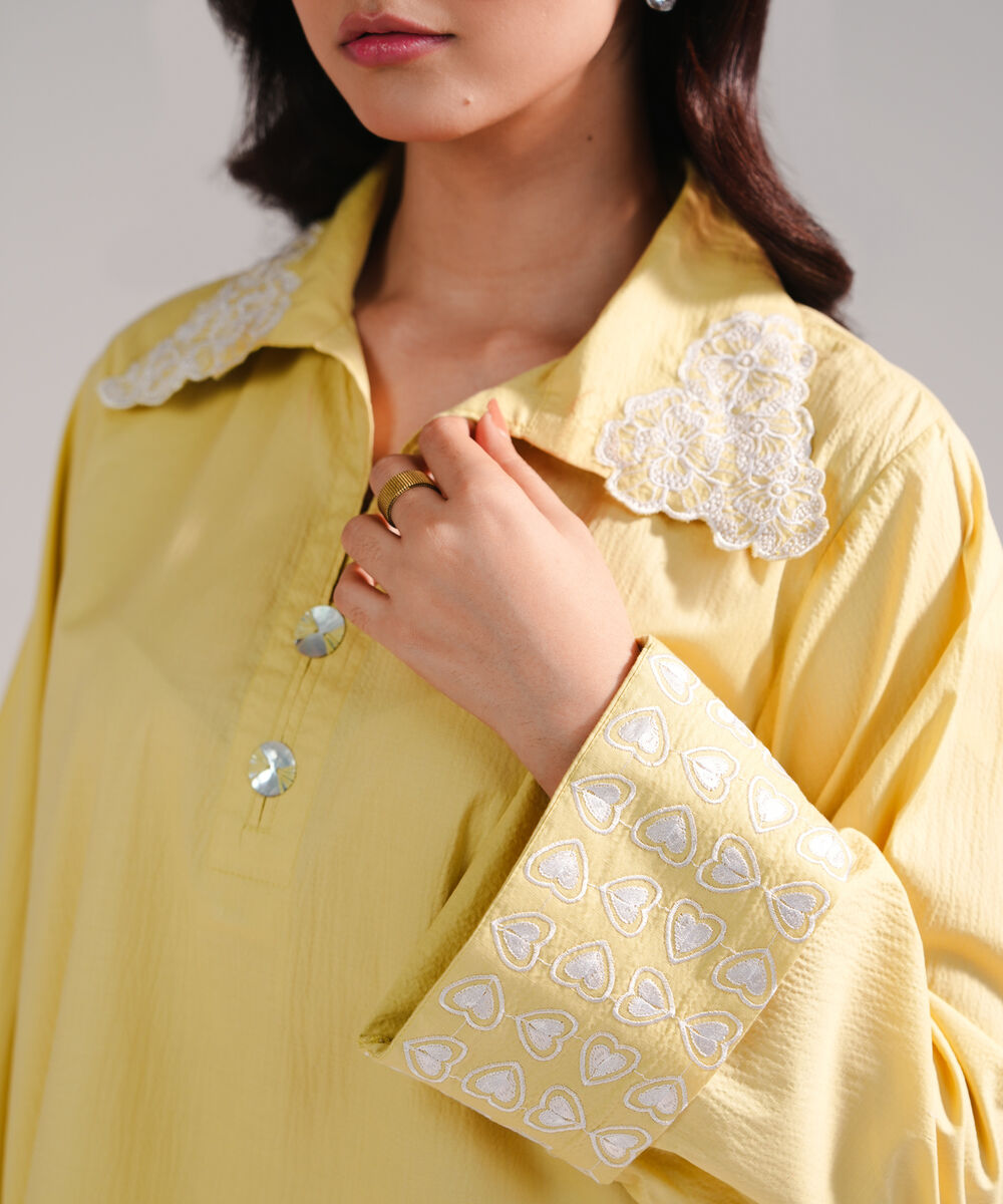 Women's RTW Seersucker Embroidered Yellow Straight Shirt