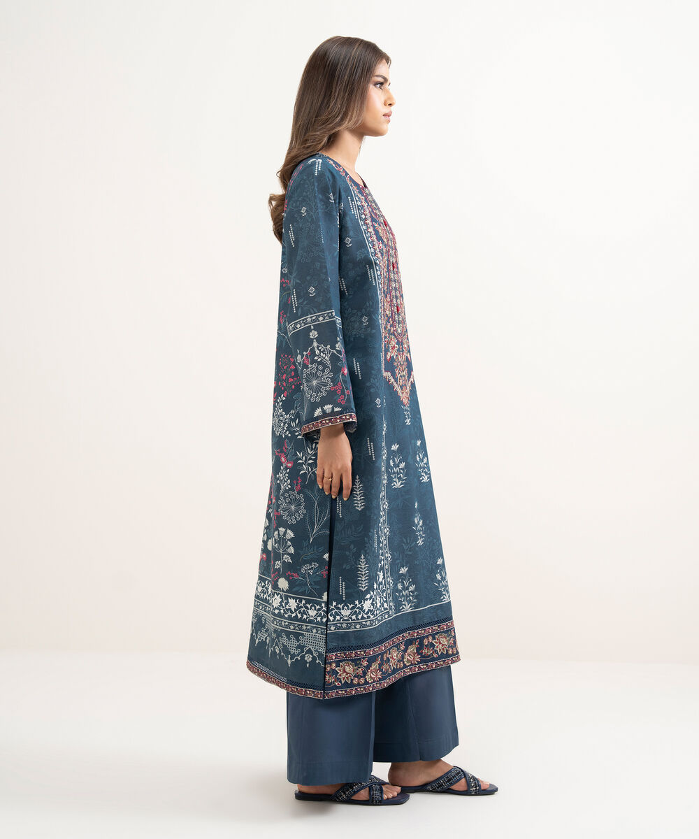 Women's RTW Zari Cotton Embroidered Blue A-Line Shirt