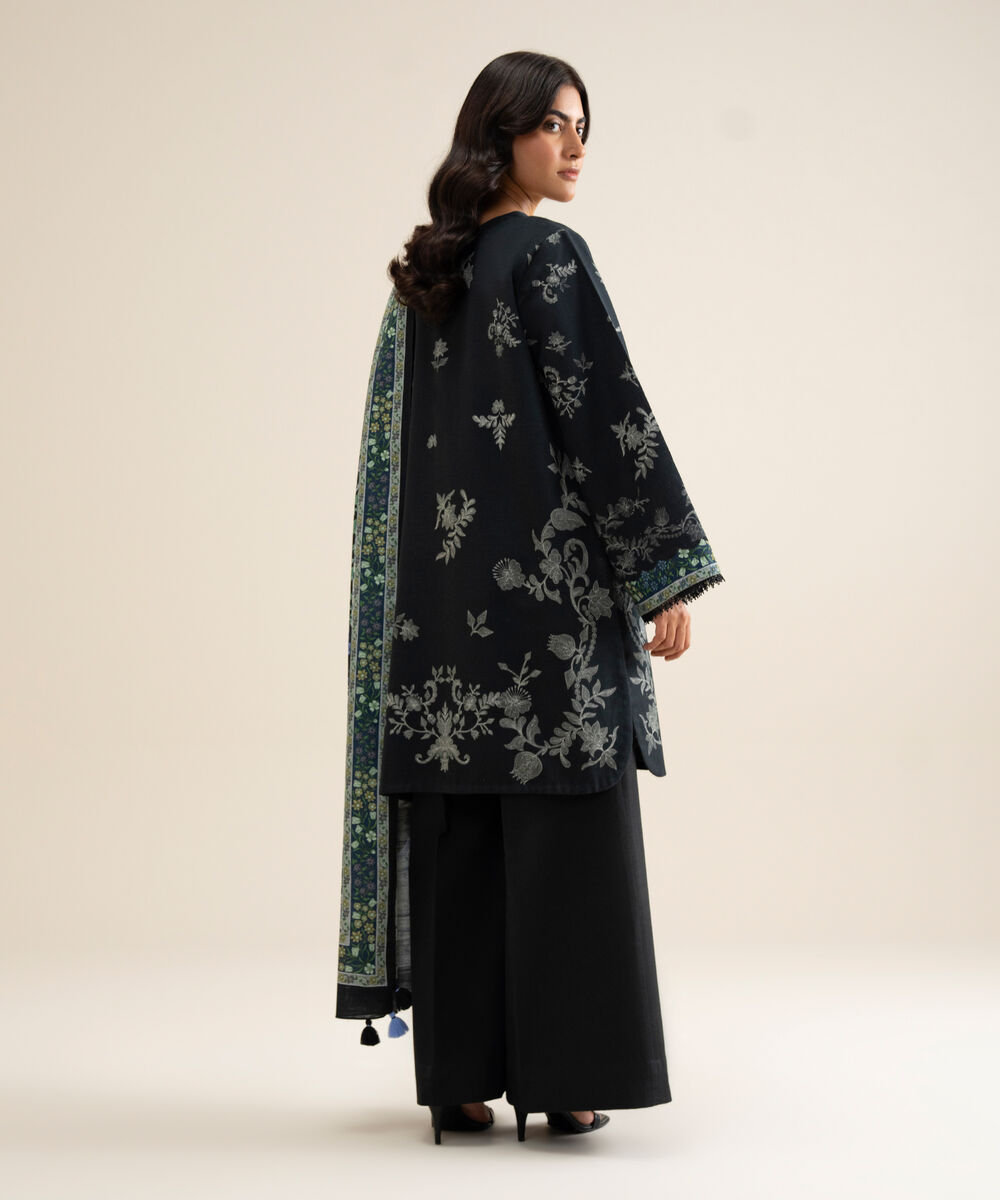 Women's Unstitched Premium Khaddar Printed Black 3 Piece Suit