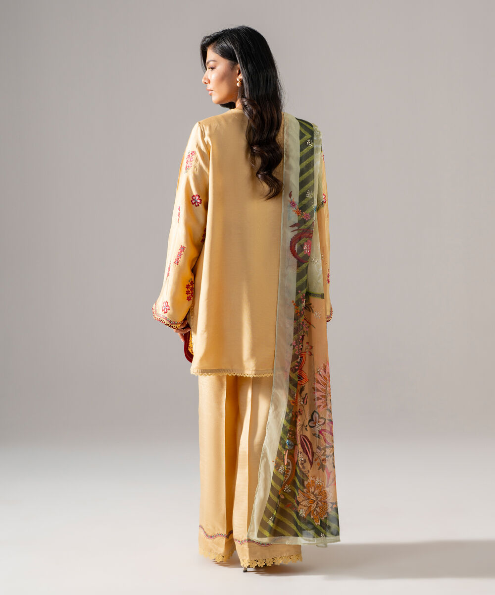 Women's RTW Bright Raw Silk Embroidered Beige 3 Piece Suit