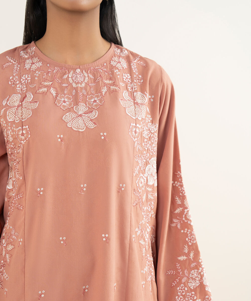 Women's RTW Self Jacquard Leno Embroidered Peach A-Line Shirt