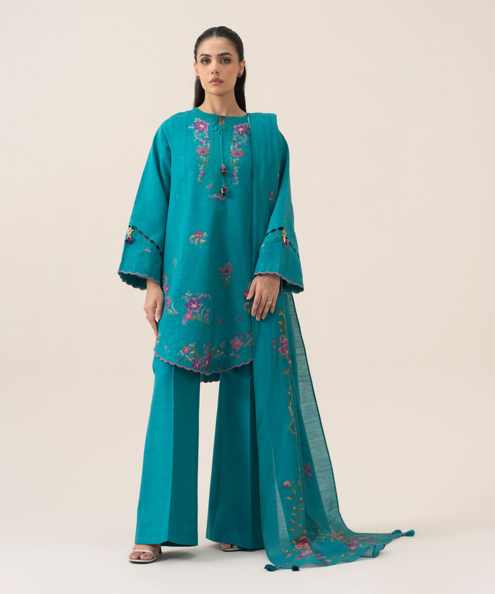 Women's Unstitched Lawn Embroidered Turquoise 3 Piece Suit