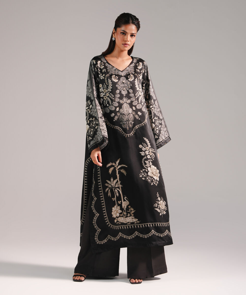 Women's RTW Blended Satin Printed Dark Brown 2 Piece Suit