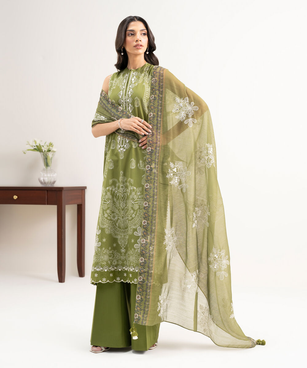 Women's Unstitched Lawn Embroidered Green 3 Piece Suit