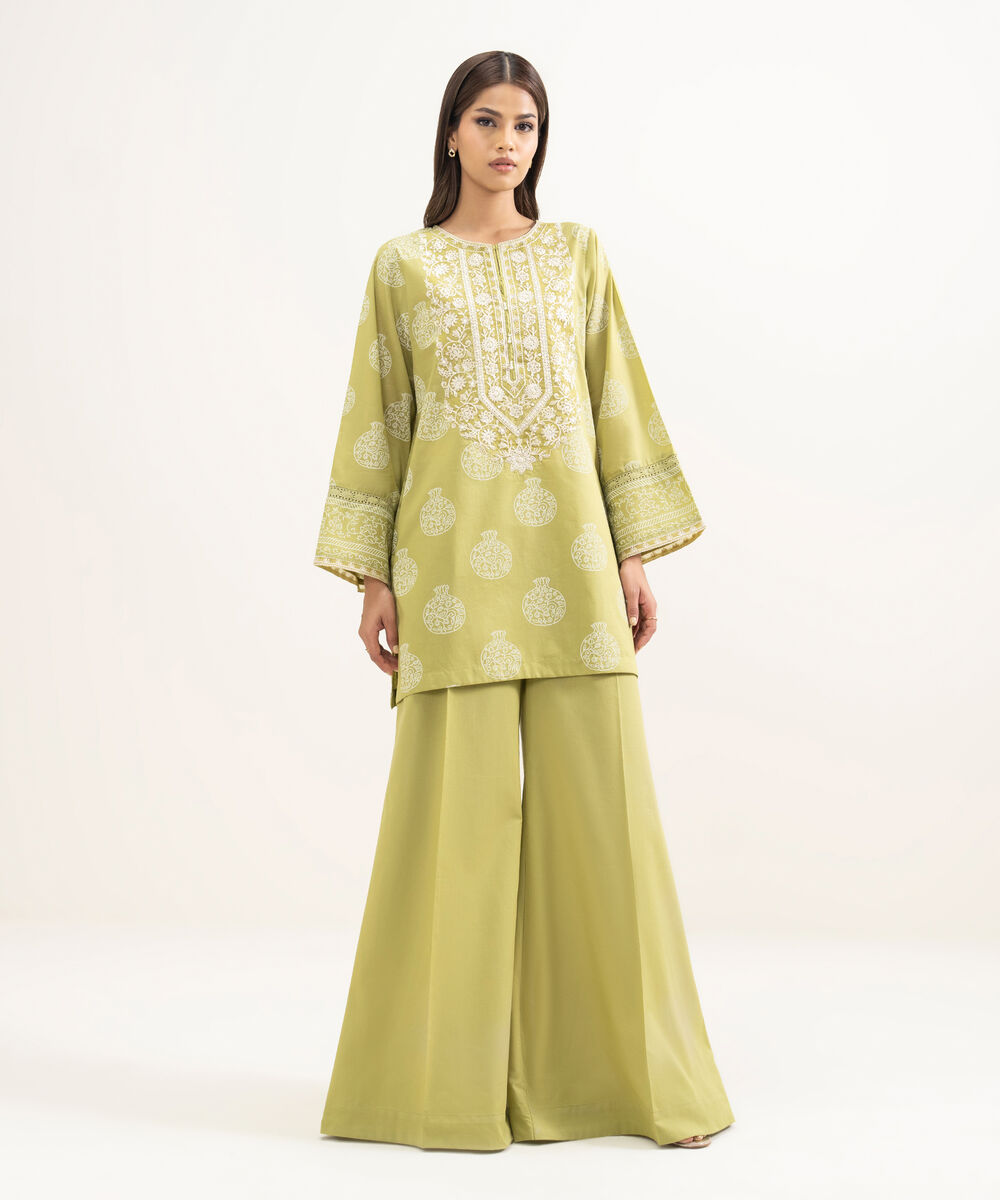 Women's RTW Lawn Embroidered Green Straight Shirt