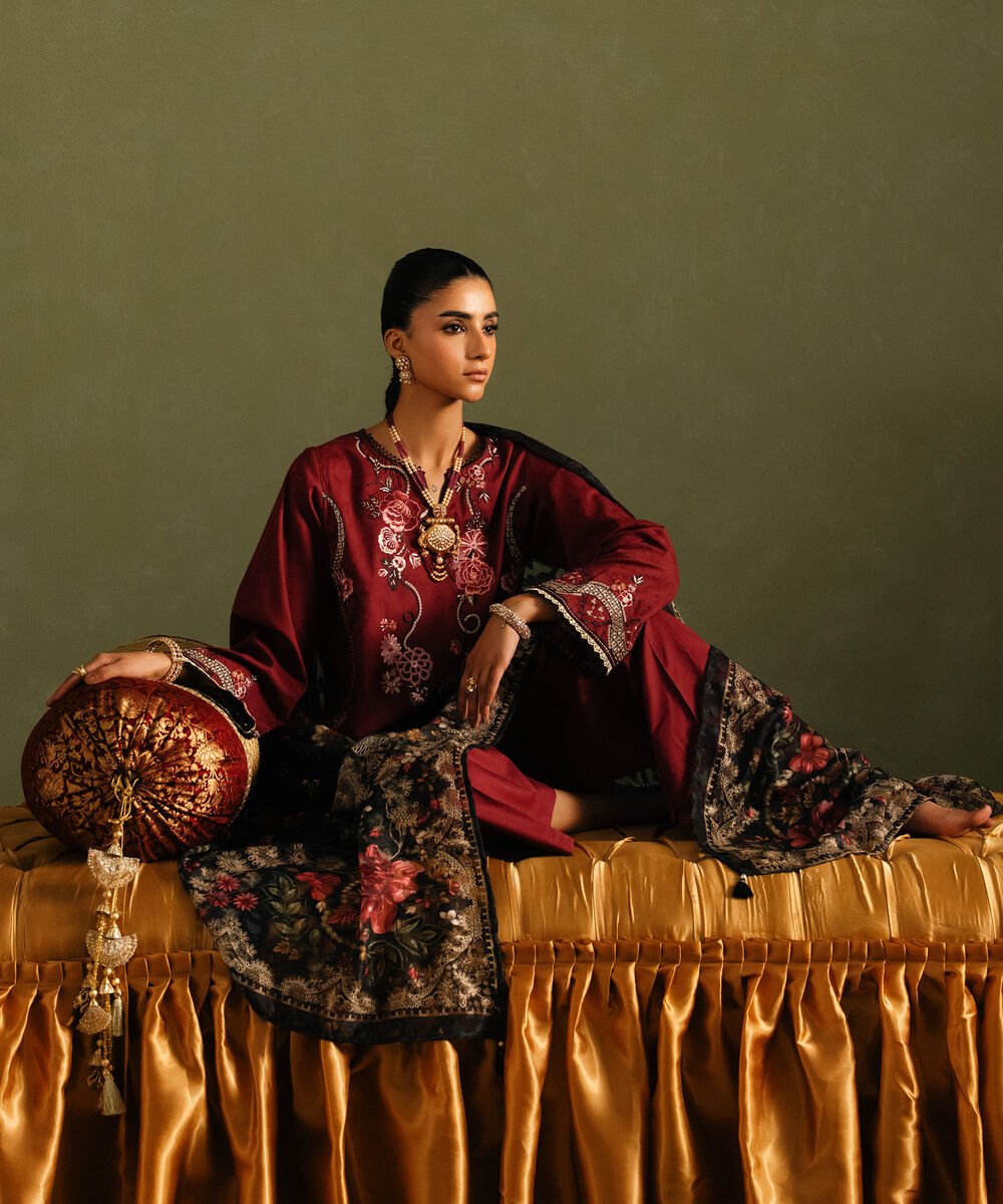 Women's RTW Self Jacquard Embroidered Red Straight Shirt