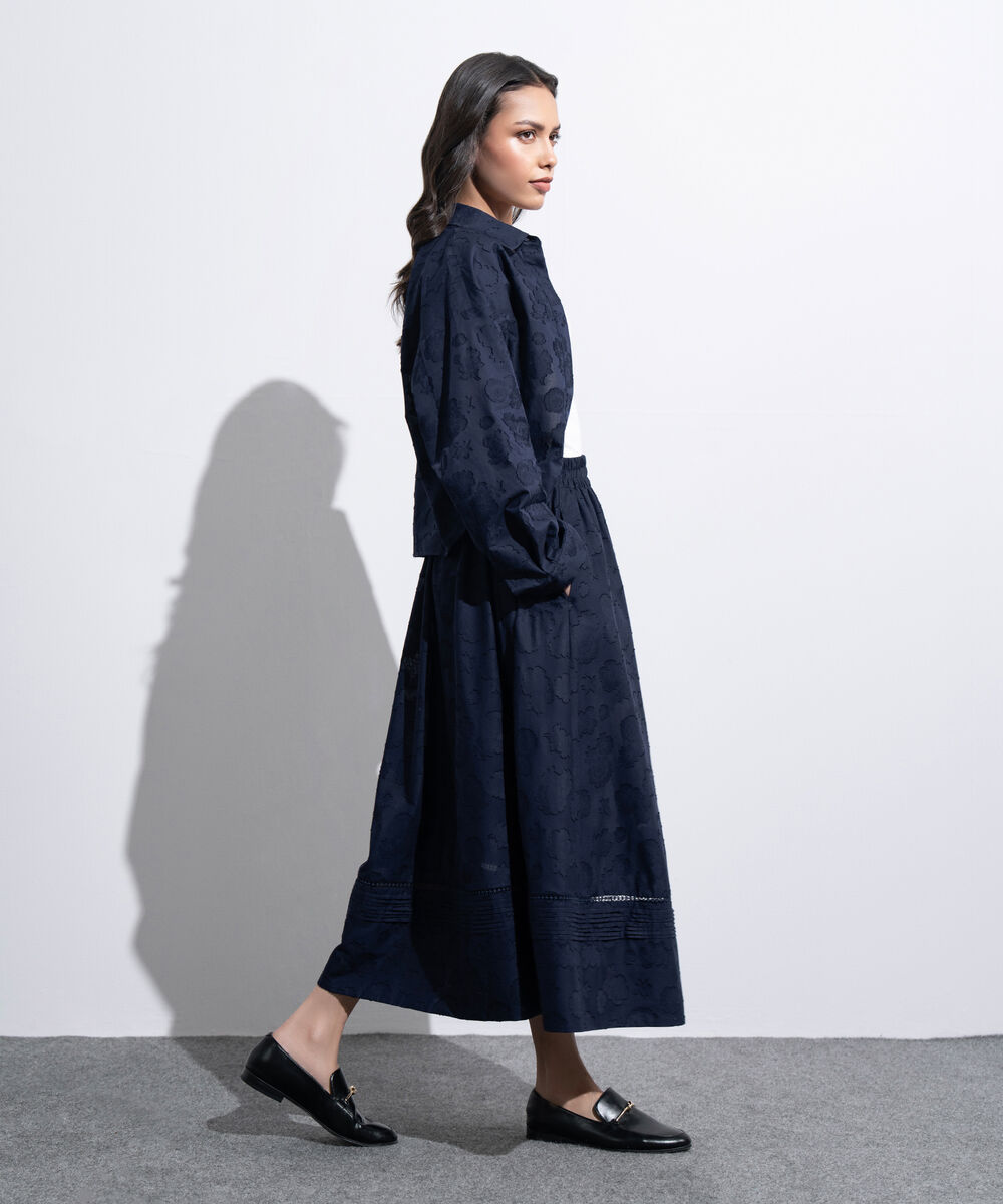 Women's Western Navy Flared Skirt With Panels Details