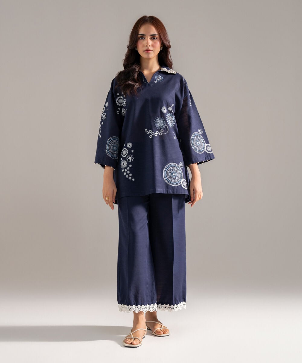 Women's RTW Khaddar Solid Embroidered Blue Drop Shoulder Shirt