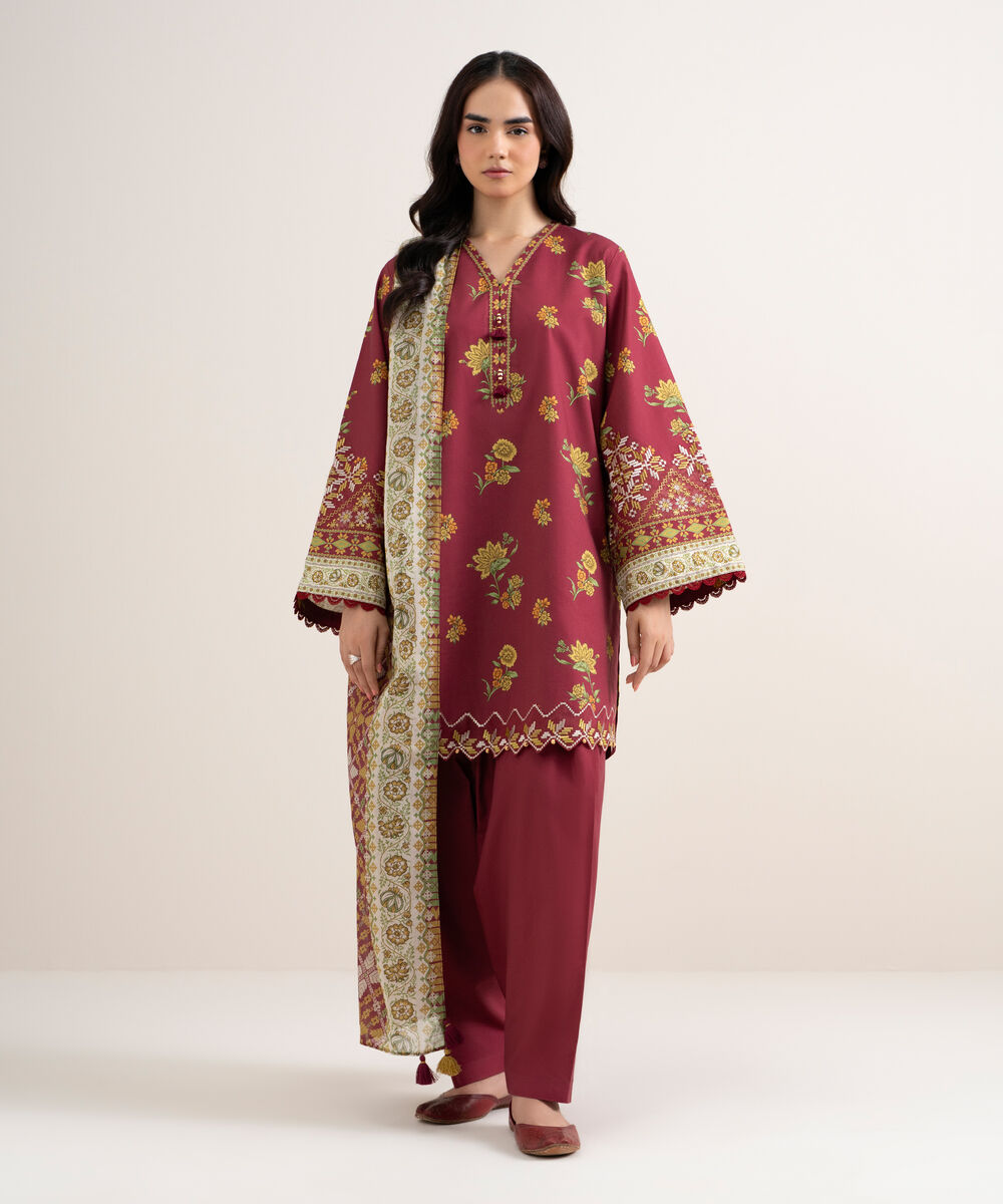 Women's Unstitched Cotton Embroidered Red 3 Piece Suit