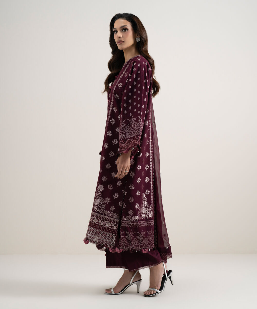 Women's Unstitched Extra Weft Jacquard Embroidered Red 3 Piece Suit