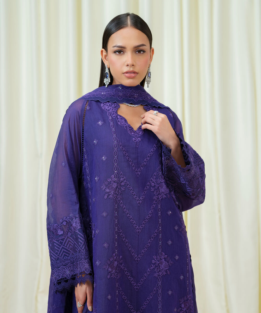 Women's Unstitched Blended Muslin Embroidered Purple 3 Piece Suit