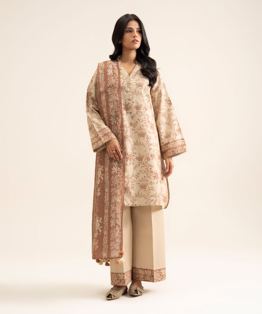 Women's Unstitched Light Khaddar Printed Light Beige 3 Piece Suit