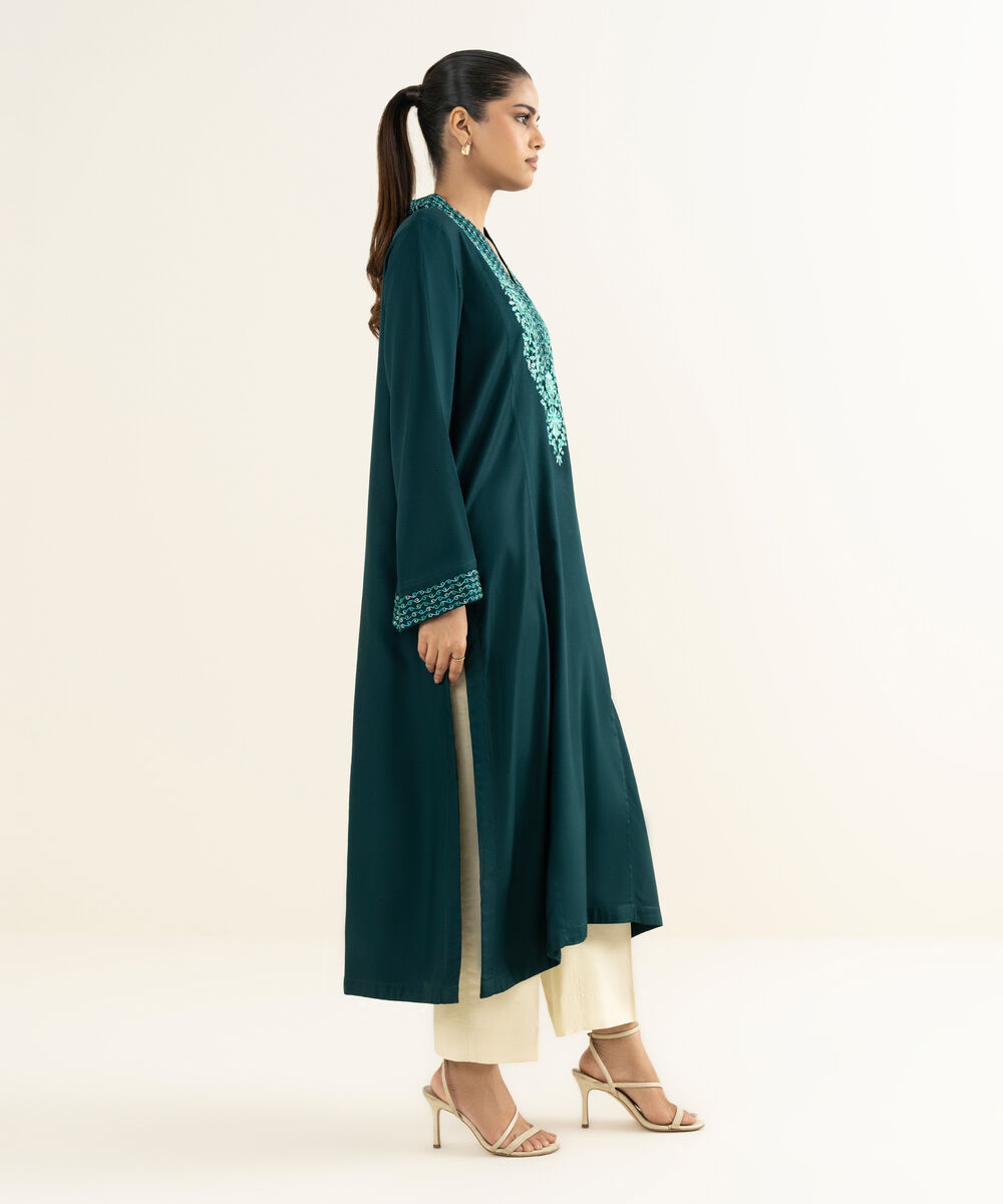 Women's RTW Bedford  Embroidered Green A-Line Shirt