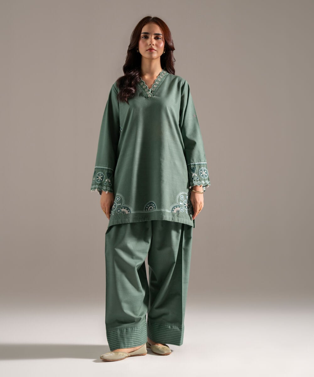 Women's RTW Khaddar Solid Embroidered Sage Green Straight Shirt
