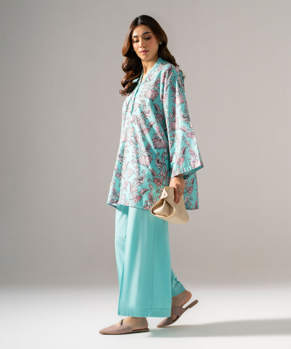 Women's RTW  Cambric Printed Blue Drop Shoulder