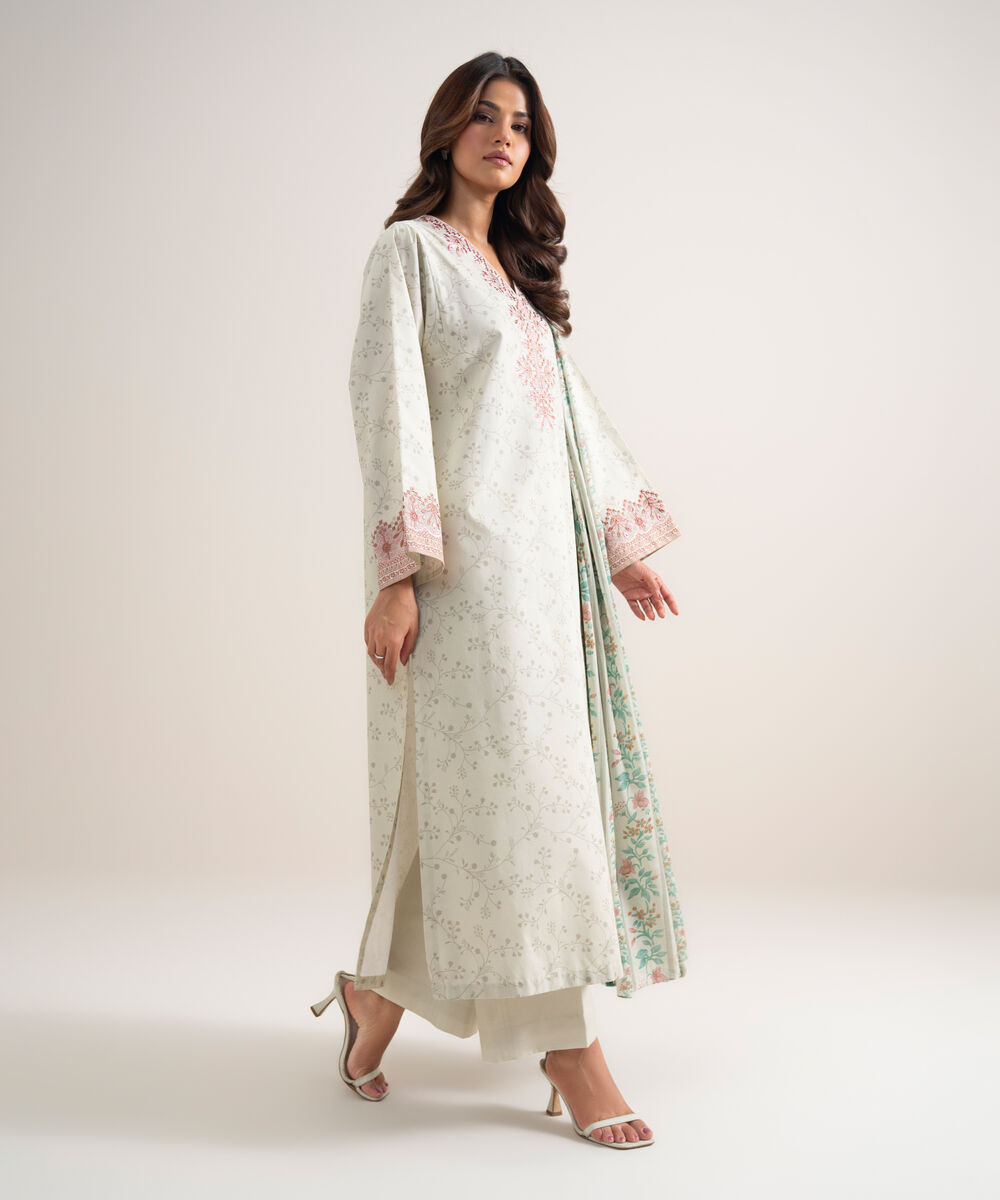 Women's Unstitched Lawn Embroidered Off White