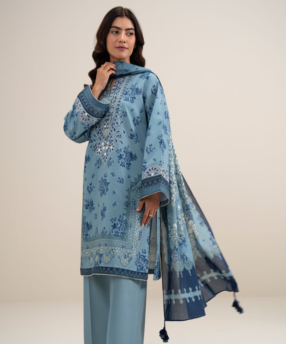 Women's Unstitched Lawn Embroidered Ice Blue 3 Piece Suit
