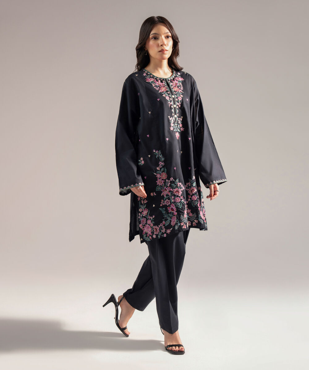 Women's RTW Slub Lawn Embroidered Straight Black Shirt
