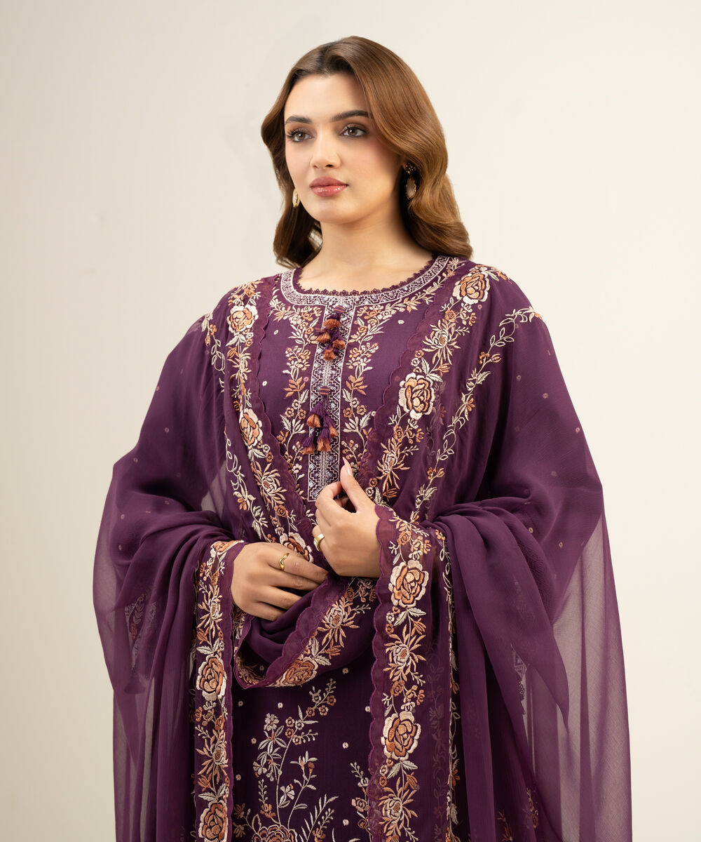Women's Unstitched Cotton Net Embroidered Purple 3 Piece Suit
