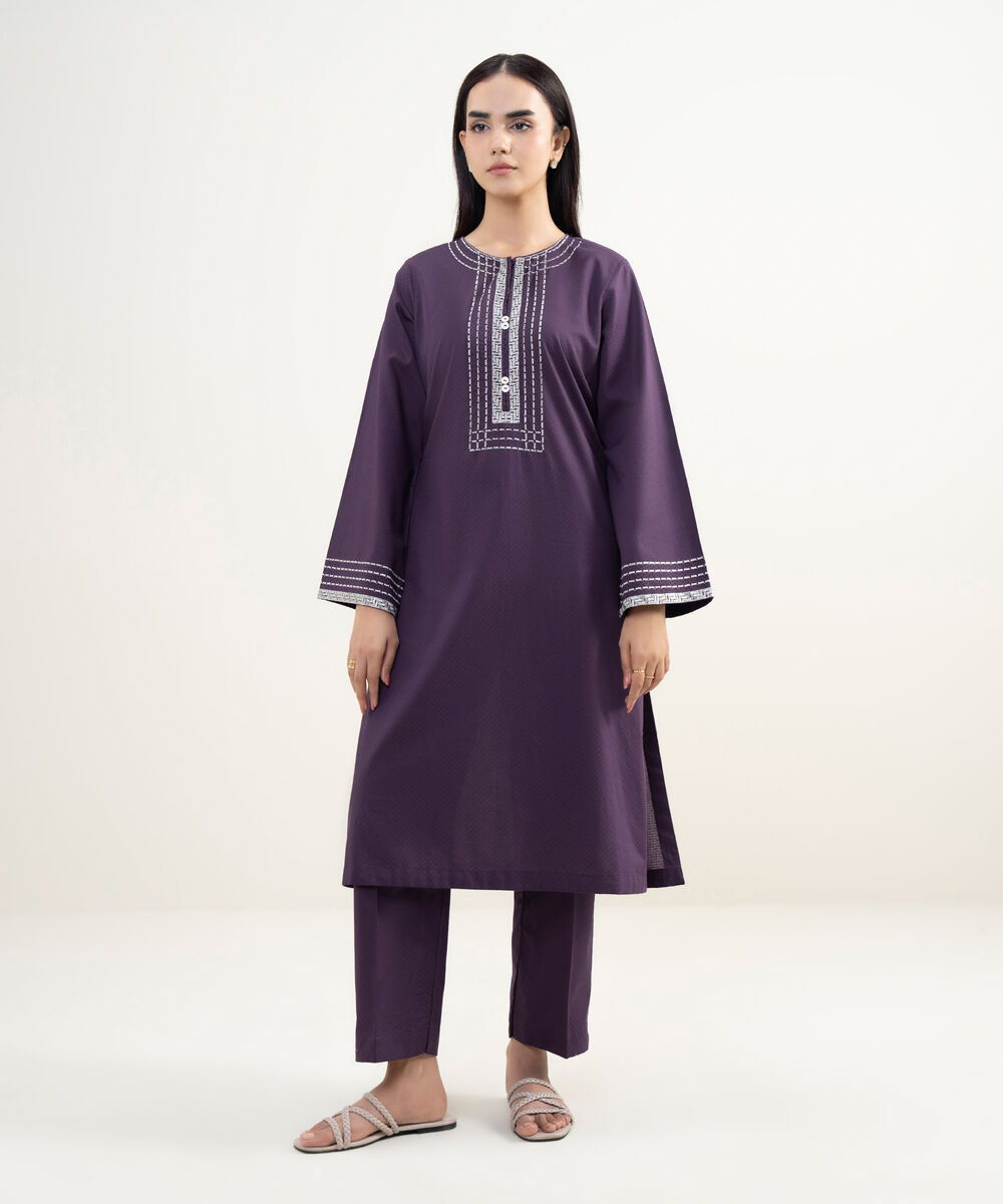 Women's RTW Dobby Embroidered Purple A-Line Shirt