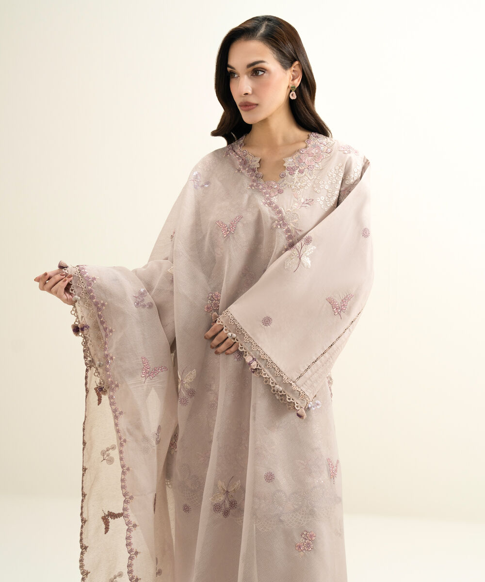 Women's Unstitched Lawn Embroidered Pink 3 Piece Suit