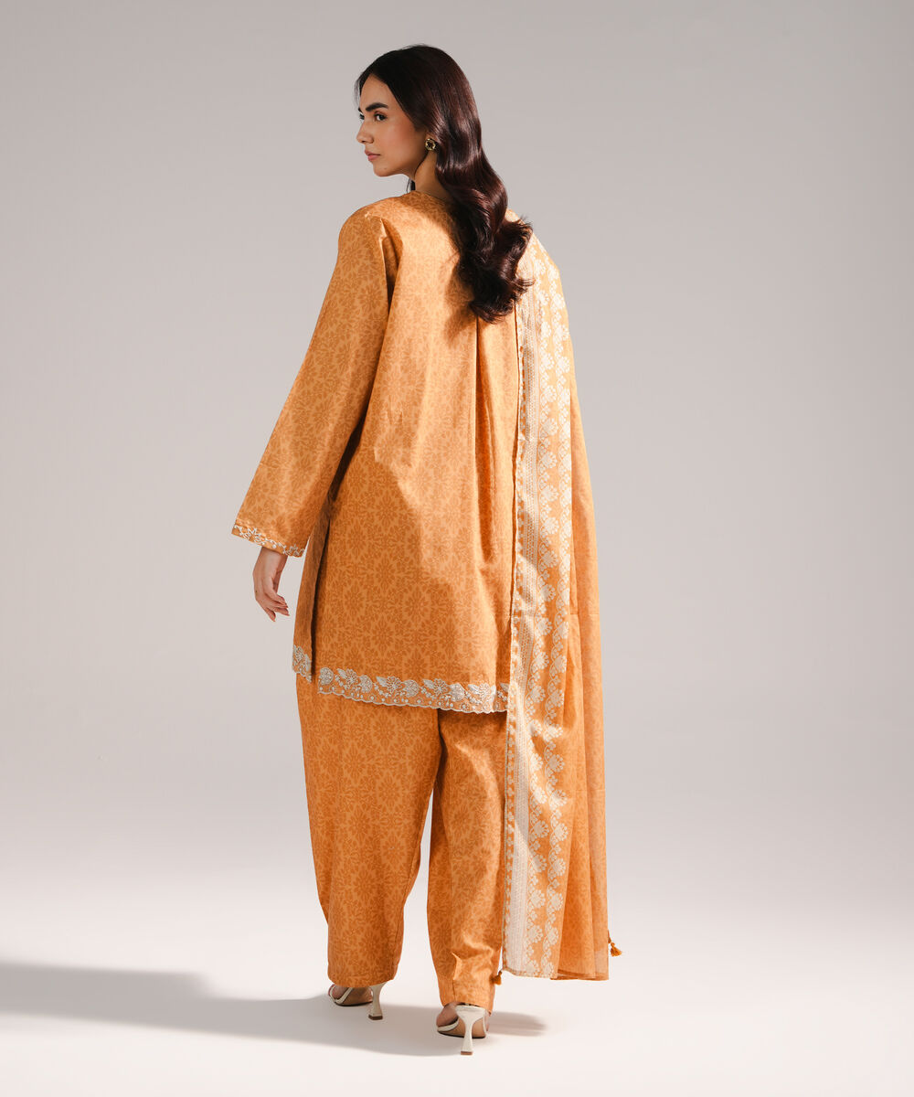 Women's RTW Lawn Embroidered Orange 3 Piece Suit
