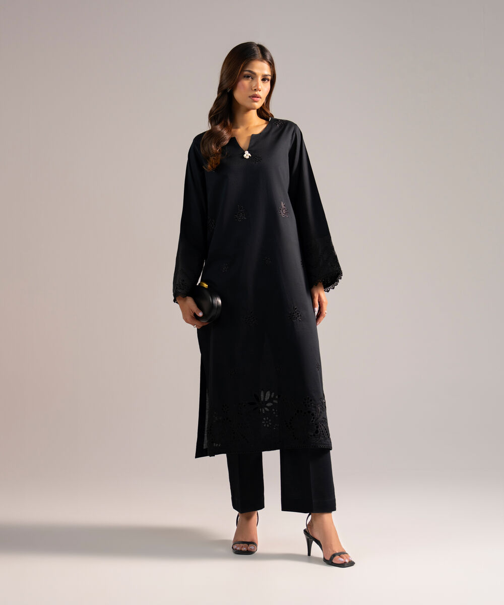 Women's RTW Dobby Embroidered Black 2 Piece Suit