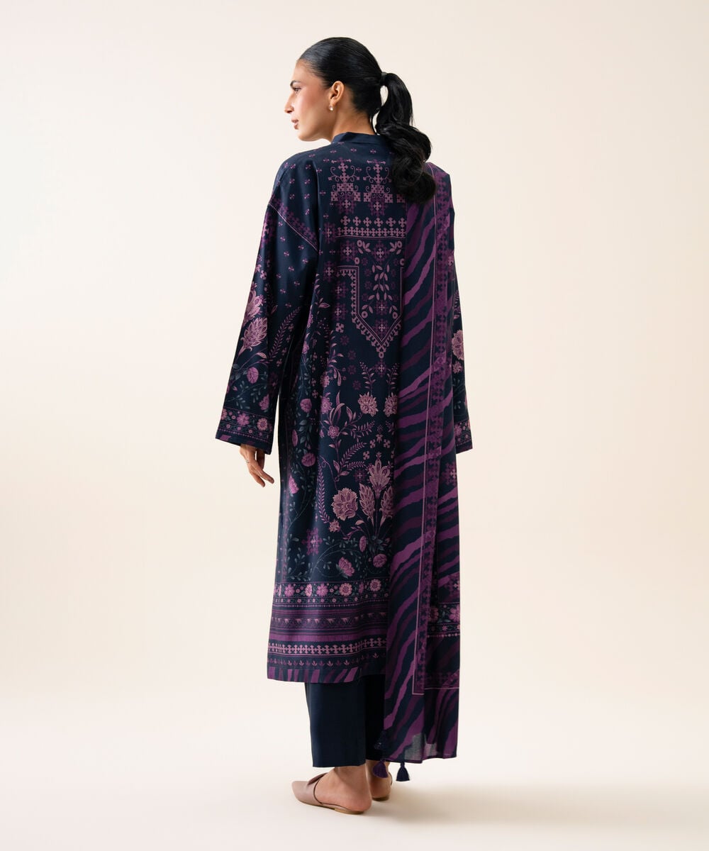 Women's Unstitched Viscose Linen Printed Dark Blue 3 Piece Suit