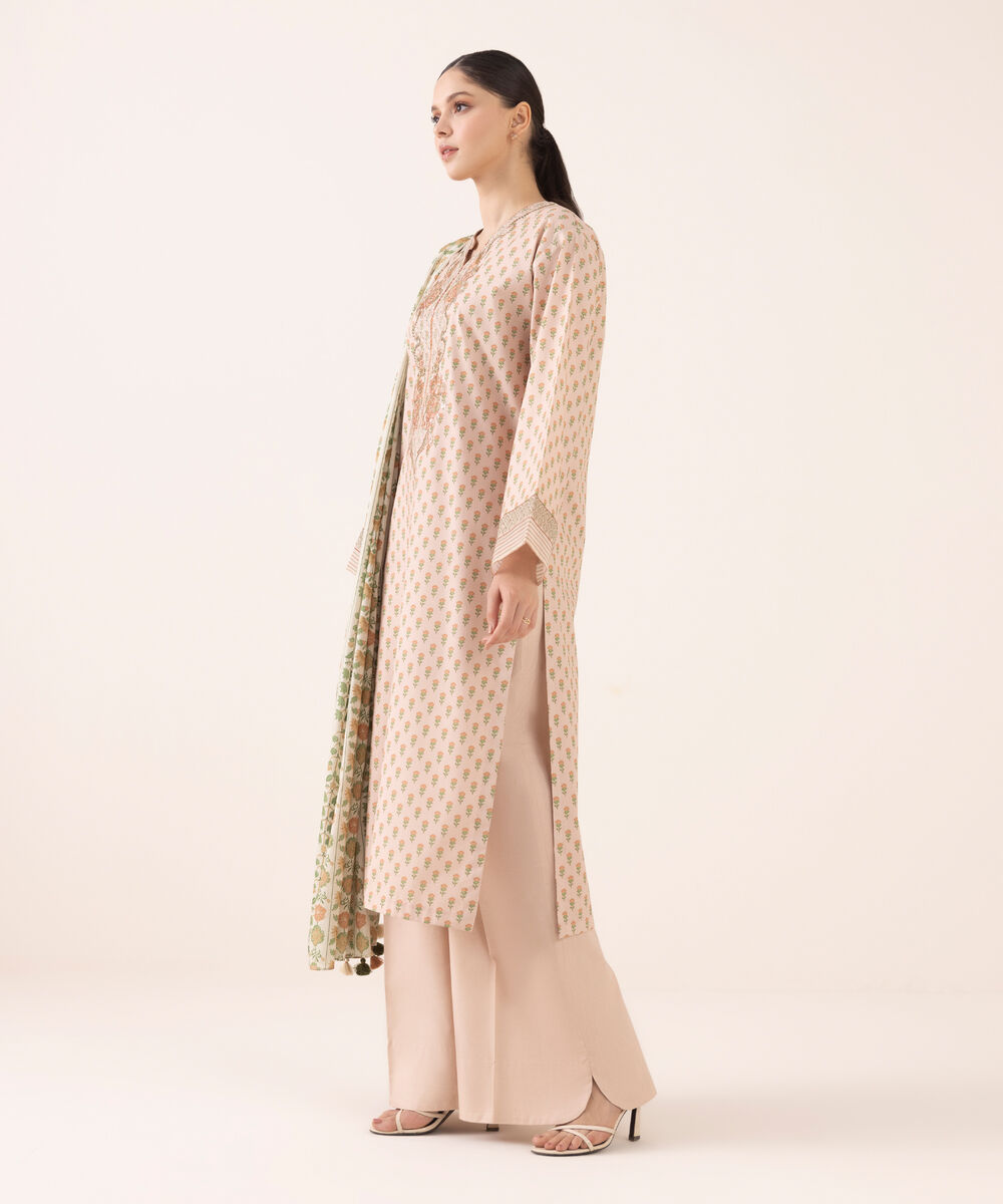 Women's Unstitched Cotton Embroidered Peach Three Piece Suit