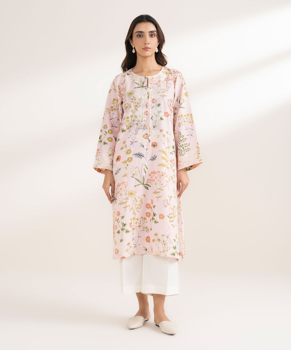 Women's RTW Khaddar Embroidered A-Line Pink Shirt