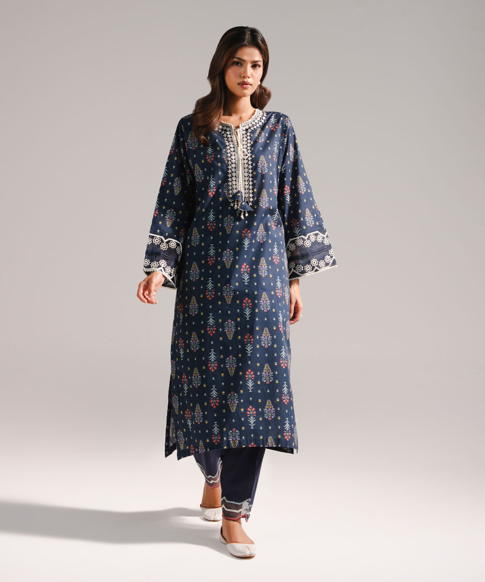Women's RTW Slub Lawn Embroidered Dark Blue Straight Shirt