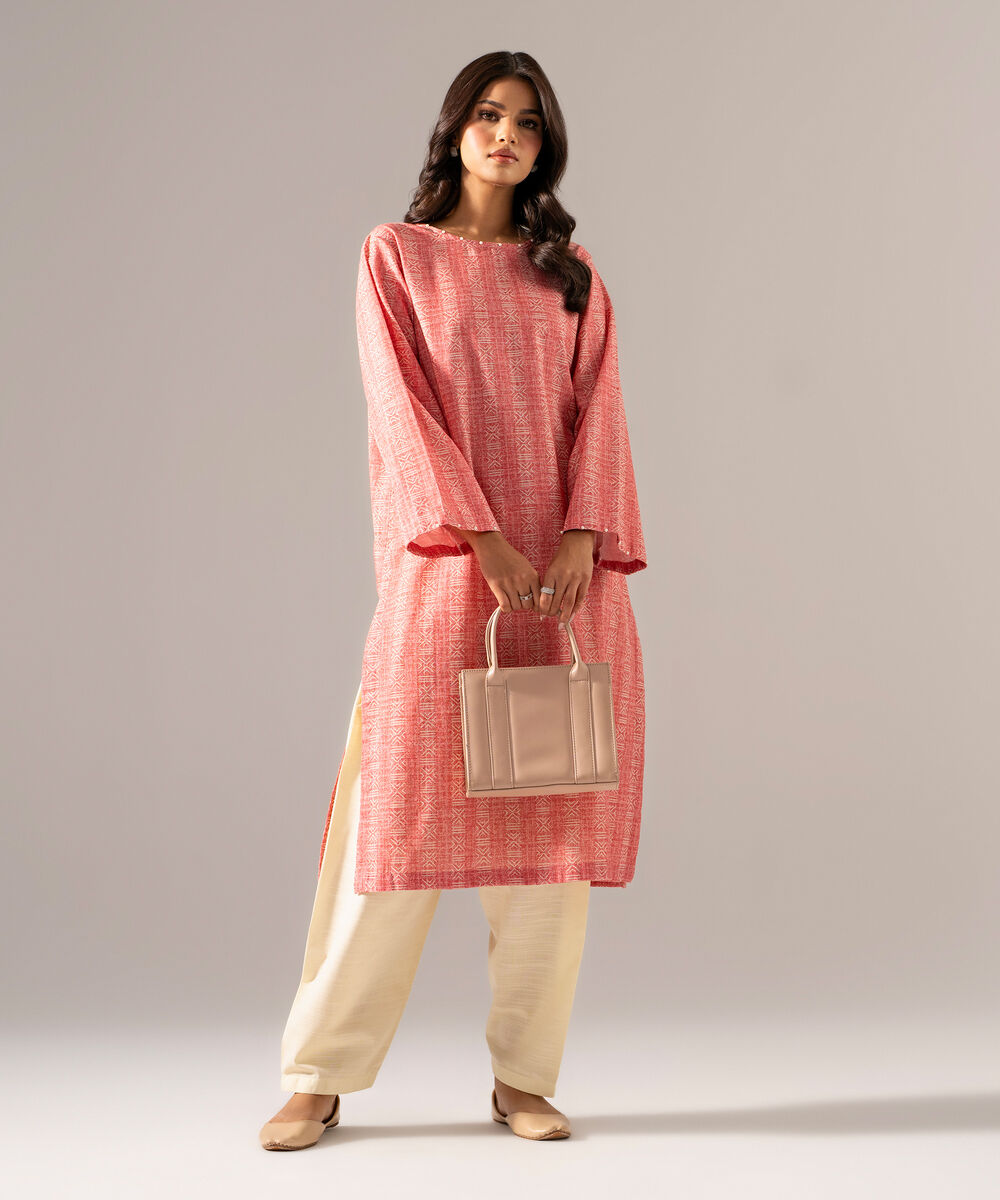 Women's RTW Khaddar Printed Pink Straight Shirt