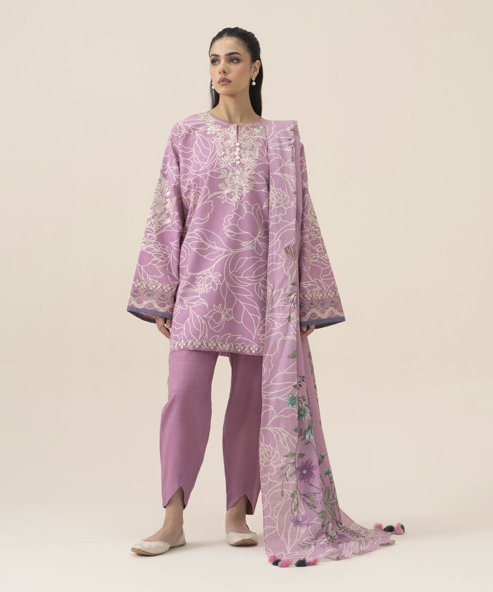 Women's Unstitched Premium Khaddar Embroidered Lilac 3 Piece Suit