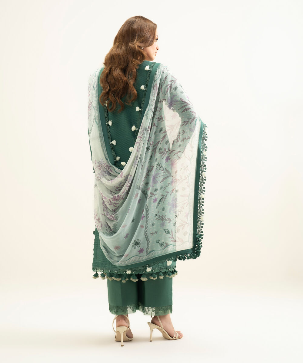 Women's Unstitched Dobby Embroidered Green 3 Piece Suit