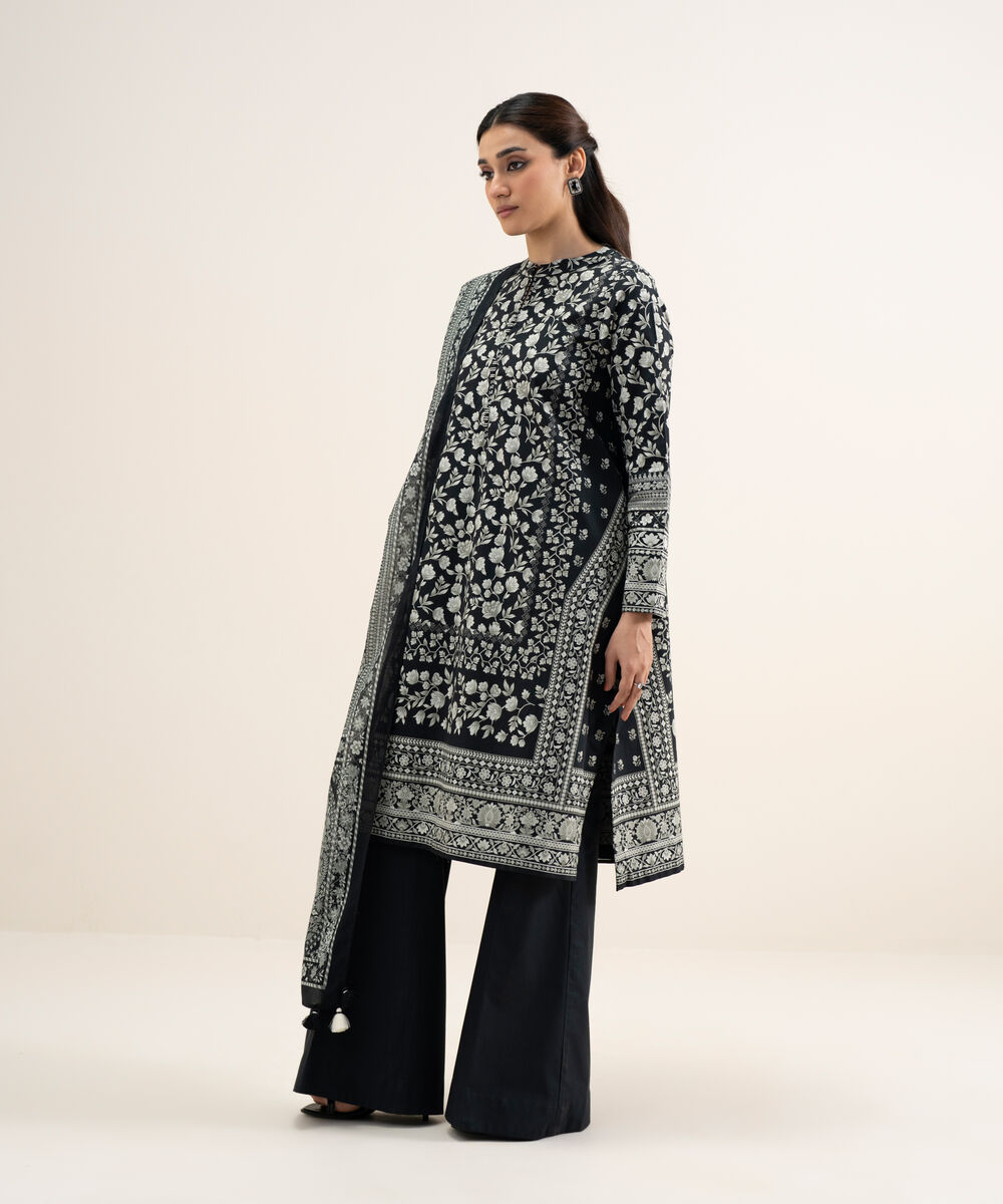 Women's Unstitched Lawn Printed Off White and Black 3 Piece Suit